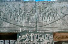 Relief of solar boat carrying Ra, Mortuary Temple, Medinat Habu, Luxor, Egypt, c12th century BC