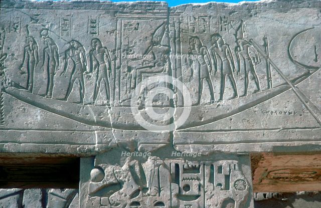 Relief of solar boat carrying Ra, Mortuary Temple, Medinat Habu, Luxor, Egypt, c12th century BC. Artist: Unknown