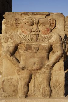 Relief of the god Bes, capital of column, Temple of Hathor, Dendera, Egypt, 2003. Creator: LTL