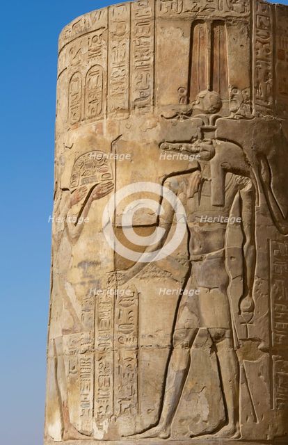 Relief of the god Sobek wearing shuty crown, Temple of Kom Ombo, Egypt, 2nd century BC (2023). Creator: Unknown.
