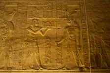 Relief of the Pharaoh making offerings to Horus, Temple of Edfu, Egypt, Ptolemaic period, (2003). Creator: LTL