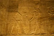 Relief of the Pharaoh making offerings to Horus, Temple of Edfu, Egypt, Ptolemaic period,(2003). Creator: LTL