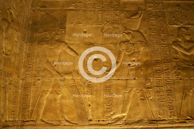 Relief of the Pharaoh making offerings to Horus, Temple of Edfu, Egypt, Ptolemaic period,(2003). Creator: LTL.