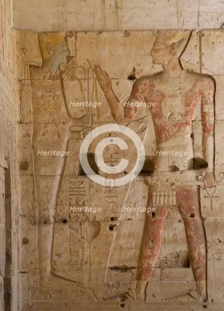 Relief of the Pharaoh and god Ptah...Temple of Seti I, Abydos, Egypt, New Kingdom...(2003). Creator: LTL.