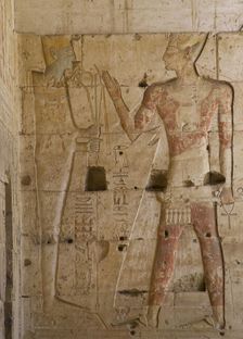 Relief of the Pharaoh and god Ptah...Temple of Seti I, Abydos, Egypt, New Kingdom...(2003). Creator: LTL