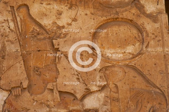 Relief of the Pharaoh with god Ra-Horakhty, Temple of Seti I, Abydos, Egypt, (2003). Creator: LTL.
