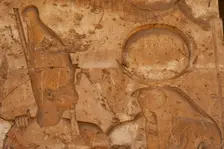 Relief of the Pharaoh with god Ra-Horakhty, Temple of Seti I, Abydos, Egypt, (2003). Creator: LTL