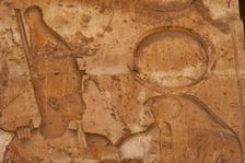 Relief of the Pharaoh with god Ra-Horakhty, Temple of Seti I, Abydos, Egypt, (2003). Creator: LTL