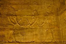 Relief of the Pharaoh with Seshat and Horus, Temple of Edfu, Egypt, Ptolemaic period, (2003). Creator: LTL