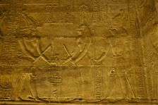 Relief of the Pharaoh with Seshat and Horus, Temple of Edfu, Egypt, Ptolemaic period, (2003). Creator: LTL