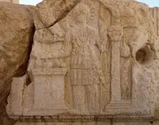 Relief depicting the god Aglibol, Temple of Bel, Palmyra, Syria, 2002. Creator: LTL
