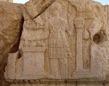 Relief depicting the god Aglibol, Temple of Bel, Palmyra, Syria, 2002. Creator: LTL