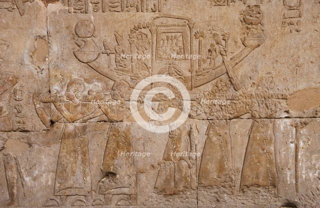 Relief depicting the sacred boat of Horus, Temple of Edfu, Egypt, Ptolemaic period, 237-57 BC (2003) Creator: LTL.