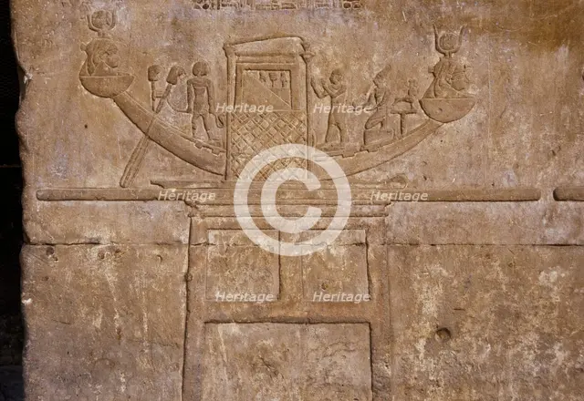 Relief depicting a sacred boat of Hathor, Temple of Edfu, Egypt, Ptolemaic period, 237-57 BC (2003). Creator: LTL.