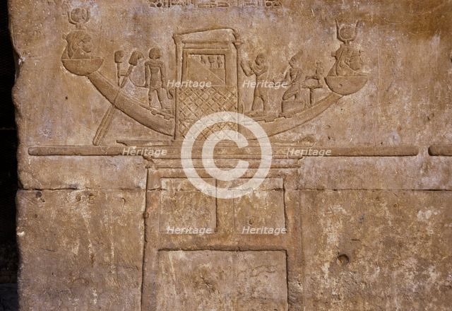 Relief depicting a sacred boat of Hathor, Temple of Edfu, Egypt, Ptolemaic period, 237-57 BC (2003). Creator: LTL.