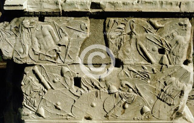 Relief depicting Roman shields and armour. Artist: Unknown