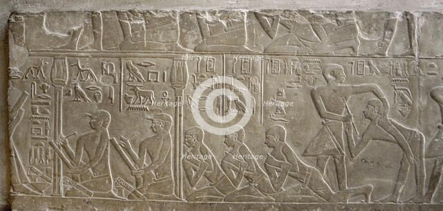 Relief depicting scribes, Mastaba of Mereruka, Saqqara, Egypt, Old Kingdom, 2340 BC (2003). Creator: Unknown.