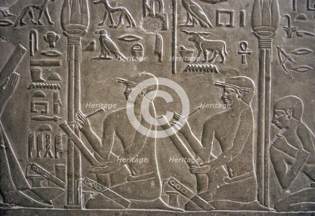 Relief depicting scribes, Mastaba of Mereruka, Saqqara, Egypt, Old Kingdom, 2340 BC (2003). Creator: Unknown.