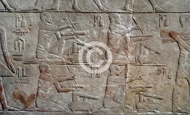 Relief depicting scribes, Mastaba of Mereruka, Saqqara, Egypt, Old Kingdom, 2340 BC (2003). Creator: Unknown.