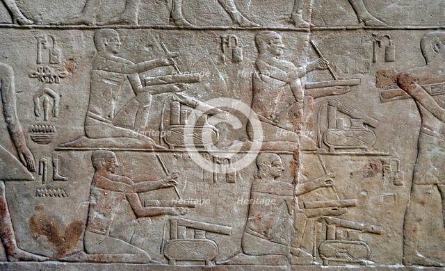Relief depicting scribes, Mastaba of Mereruka, Saqqara, Egypt, Old Kingdom, 2340 BC (2003). Creator: Unknown.