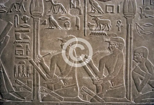 Relief depicting scribes, Mastaba of Mereruka, Saqqara, Egypt, Old Kingdom, 2340 BC (2003). Creator: Unknown.