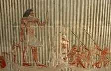 Relief detail of hunting scene before Ti standing on a ship, Mastaba of Ti, Egypt, 2003. Creator: Unknown