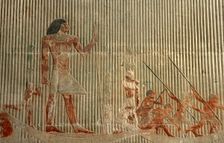 Relief detail of hunting scene before Ti standing on a ship, Mastaba of Ti, Egypt, 2003. Creator: Unknown