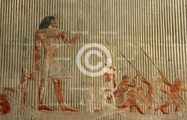 Relief detail  of hunting scene before Ti standing on a ship, Mastaba of Ti, Egypt,  2003. Creator: Unknown.