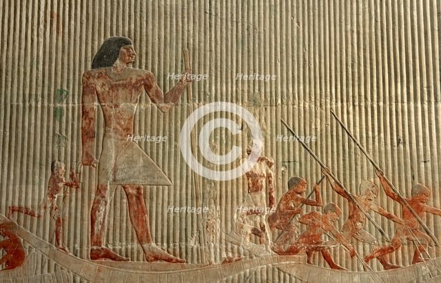 Relief detail  of hunting scene before Ti standing on a ship, Mastaba of Ti, Egypt,  2003. Creator: Unknown.
