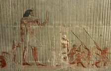 Relief detail of hunting scene before Ti standing on a ship, Mastaba of Ti, Egypt, 2003. Creator: Unknown