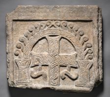 Relief Panel from the End of a Sarcophagus: A Cross Within an Arch, 700s-800s. Creator: Unknown