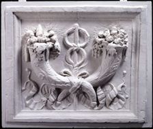 Relief panel with two cornucopias and the caduceus of Mercury, (19th century?). Creator: Unknown
