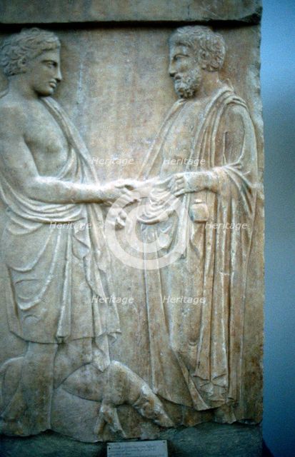 Relief showing an Athenian youth greeting older man, 5th century BC. Artist: Unknown