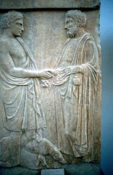 Relief showing an Athenian youth greeting older man, 5th century BC