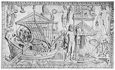 Relief showing the Roman lighthouse at Ostia, port of Rome, Italy, 1956