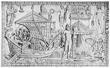 Relief showing the Roman lighthouse at Ostia, port of Rome, Italy, 1956