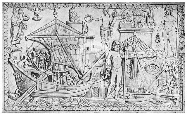 Relief showing the Roman lighthouse at Ostia, port of Rome, Italy, 1956. Artist: Unknown