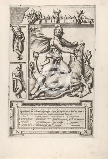 Relief with Mithras kneeling upon a bull and driving a sword into its shoulder, at left tw..., 1564. Creator: Unknown.