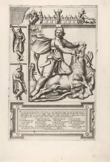 Relief with Mithras kneeling upon a bull and driving a sword into its shoulder, at left tw..., 1564. Creator: Unknown