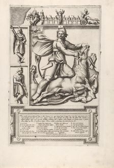 Relief with Mithras kneeling upon a bull and driving a sword into its shoulder, at left tw..., 1564. Creator: Unknown