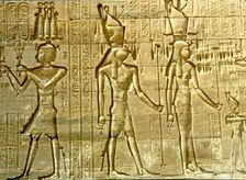 Reliefs with figures and writing in the Temple of Hathor