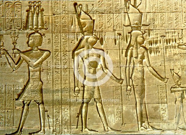 Reliefs with figures and writing in the Temple of Hathor.