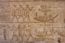 Reliefs depicting Egyptians and boats, Temple of Edfu, Egypt, Ptolemaic period, 237-57 BC (2003). Creator: LTL