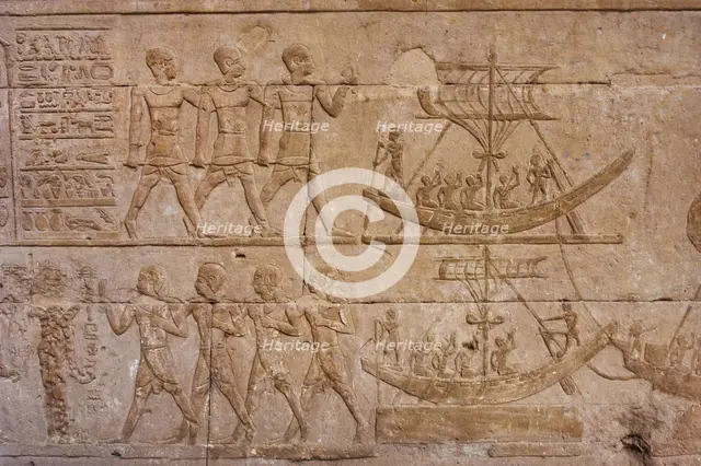 Reliefs depicting Egyptians and boats, Temple of Edfu, Egypt, Ptolemaic period, 237-57 BC (2003).  Creator: LTL.