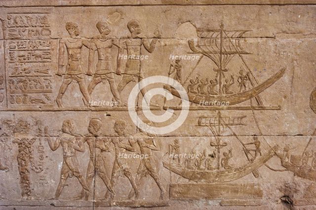 Reliefs depicting Egyptians and boats, Temple of Edfu, Egypt, Ptolemaic period, 237-57 BC (2003).  Creator: LTL.
