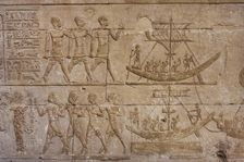 Reliefs depicting Egyptians and boats, Temple of Edfu, Egypt, Ptolemaic period, 237-57 BC (2003). Creator: LTL