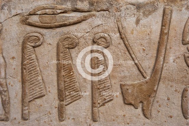 Reliefs depicting hieroglyphic signs, ostrich feathers and crown of...Temple of Edfu, Egypt...(2003) Creator: LTL.