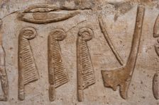 Reliefs depicting hieroglyphic signs, ostrich feathers and crown of...Temple of Edfu, Egypt...(2003) Creator: LTL