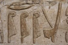 Reliefs depicting hieroglyphic signs, ostrich feathers and crown of...Temple of Edfu, Egypt...(2003) Creator: LTL