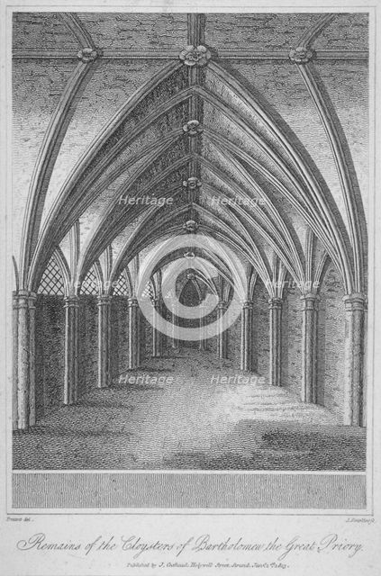 Remains of the cloisters of St Bartholomew's Priory, Smithfield, City of London, 1813. Artist: J Simpkins